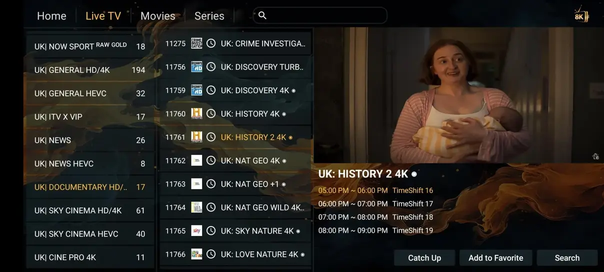 Live TV channel category selection interface and VOD browser