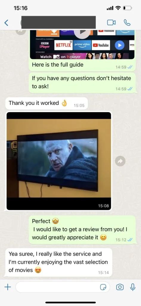 WhatsApp support chat screenshot verifying instant IPTV setup and activation