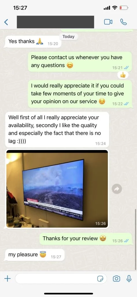 Customer WhatsApp feedback confirming fast response and channel loading
