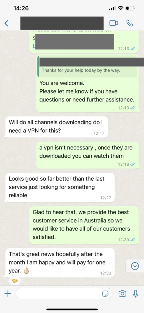 Customer satisfaction screenshot on WhatsApp regarding sports streaming stability